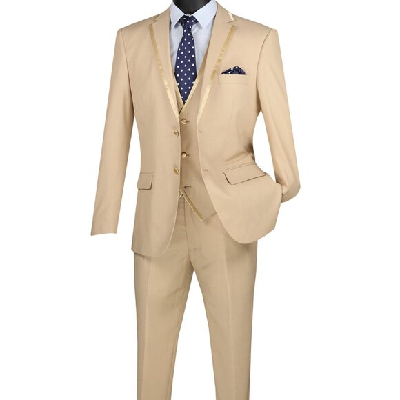 Men's Slim-Fit 3-pc. Trimmed Lapel Textured Solid Suit-Beige